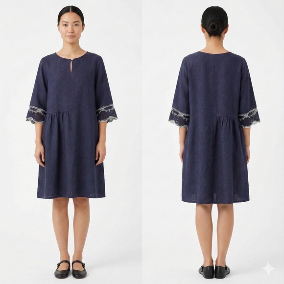 VALIA Made in Australia Navy 100% Linen Dress White Crochet Trim Sz L - Picture 1 of 9